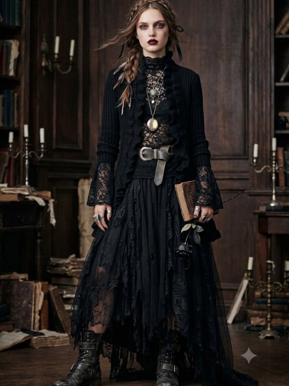 Black Cascade Ruffle Open Front Cardigan Sweater S Gothic Victorian Grunge